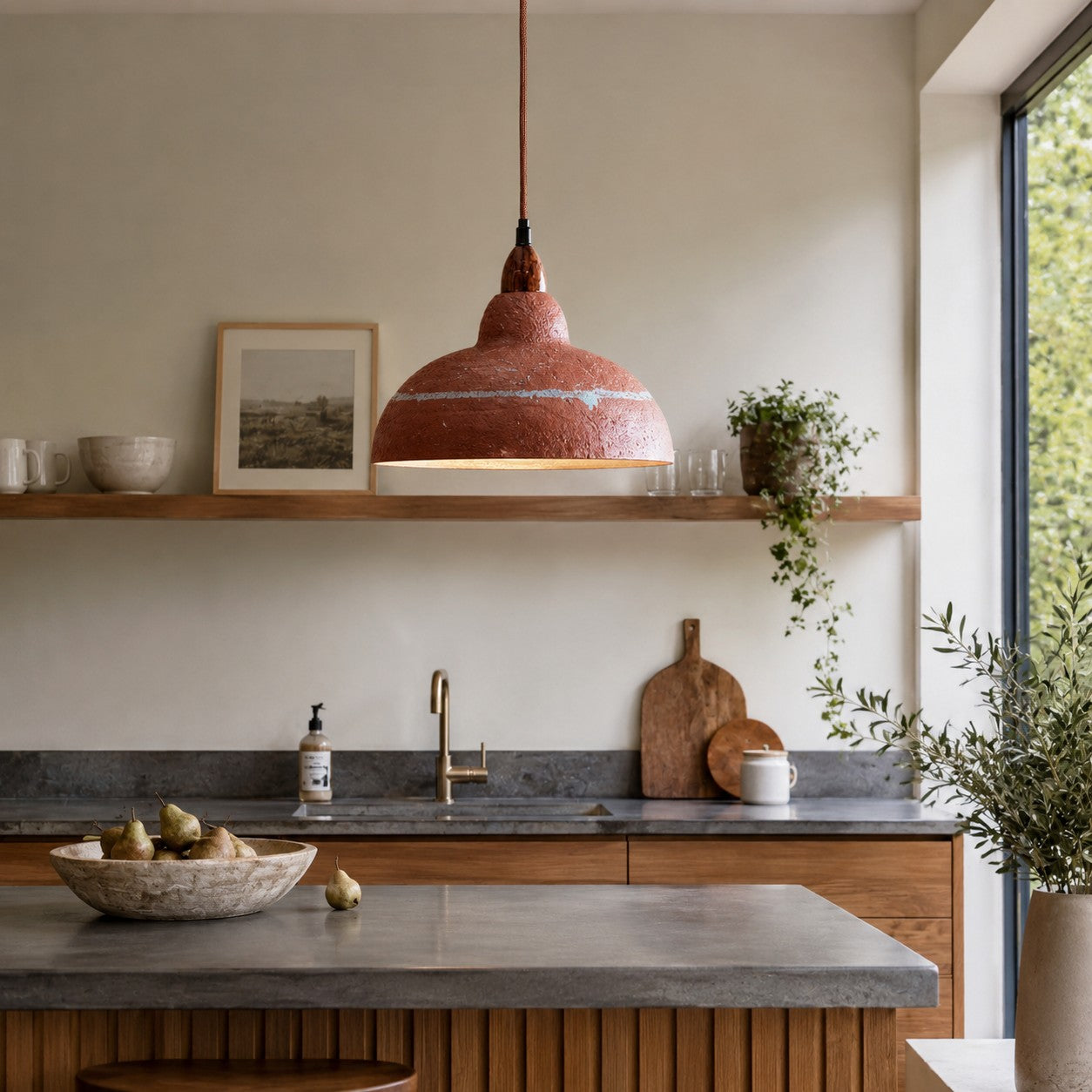 Hand-Painted Terracotta Resin Pendant Light — 35cm Dome, 7.3 Inch Height