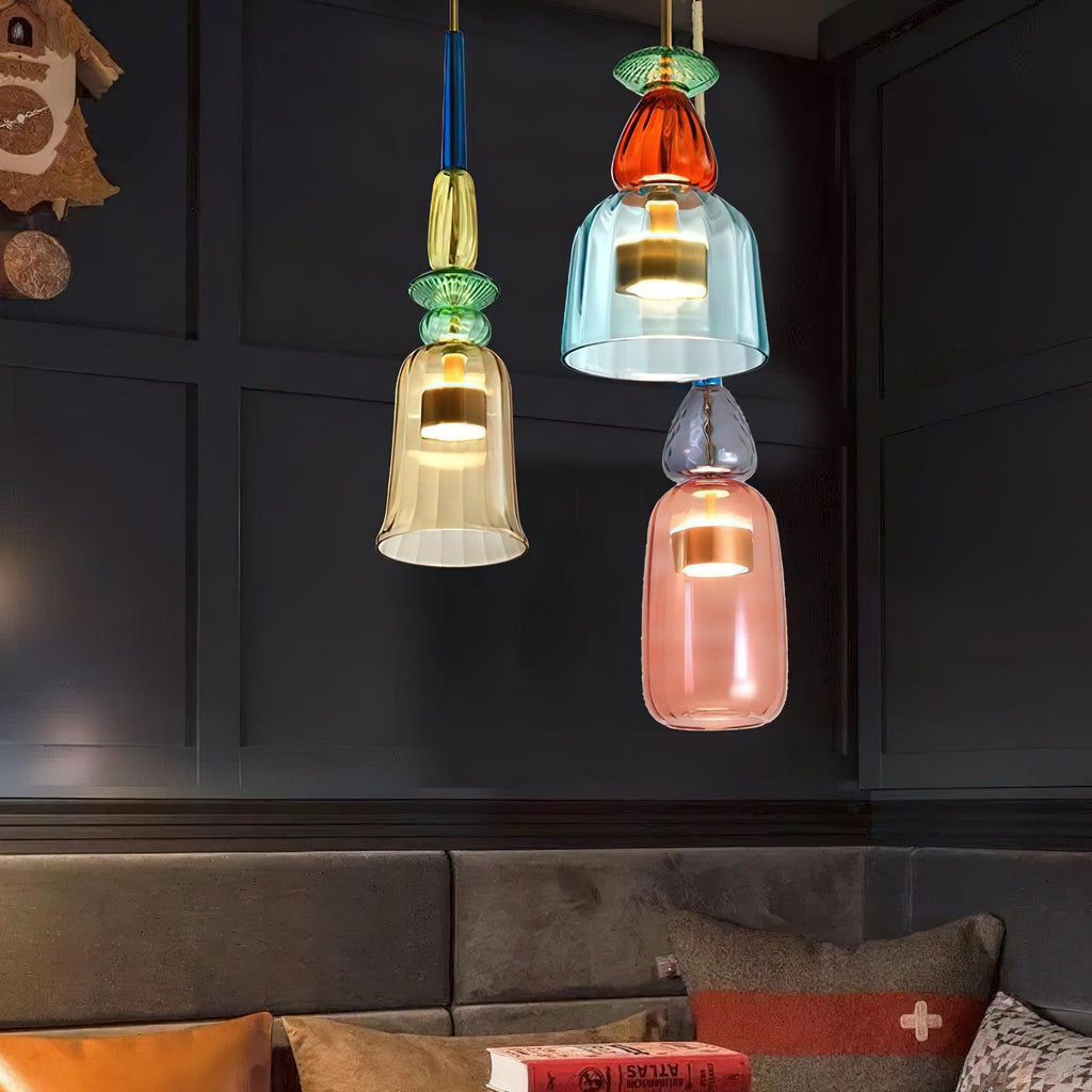 Candy Iron Hand Blown Glass Pendant Lamp — Colorful Mixed Color Glass Shade