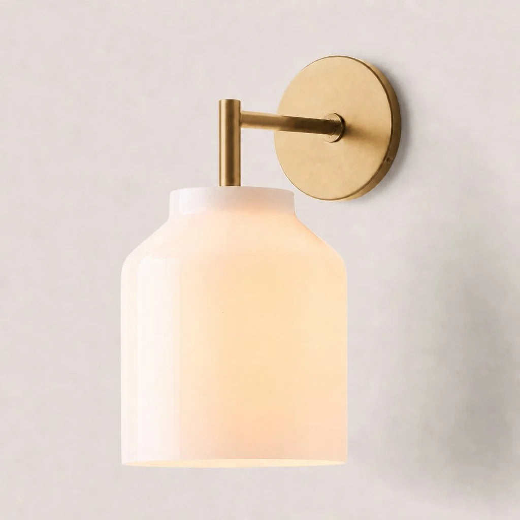 Hanton Minimal Wall Sconce — Vintage Milk Glass Shade, Metal Accent Hardware