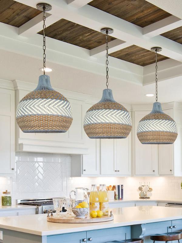 Blue Rattan Pendant Light — Handwoven Shade, Subtle Weave Texture