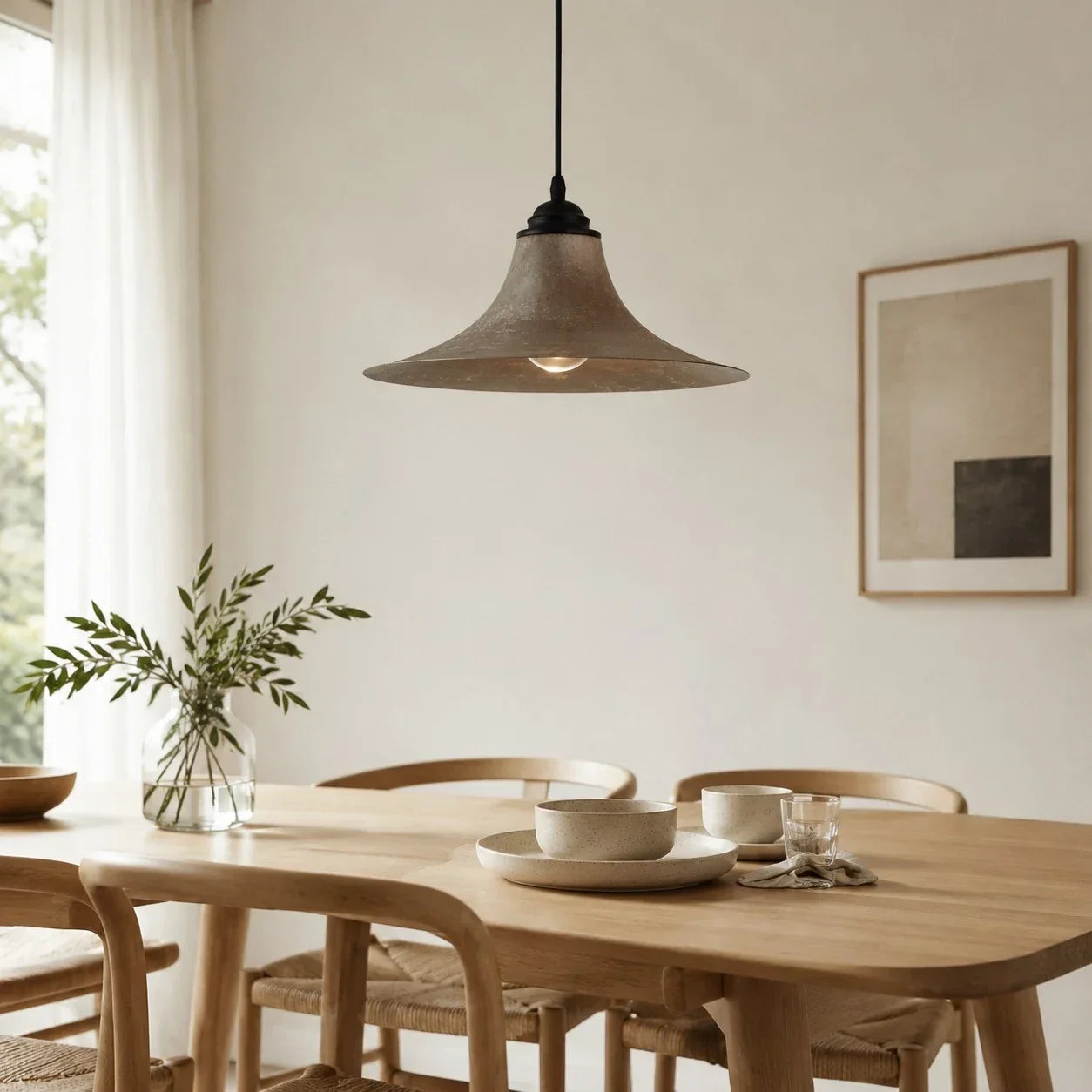 Low-Profile Wabi-Sabi Pendant Light — Hand-Finished 38 cm Matte Shade