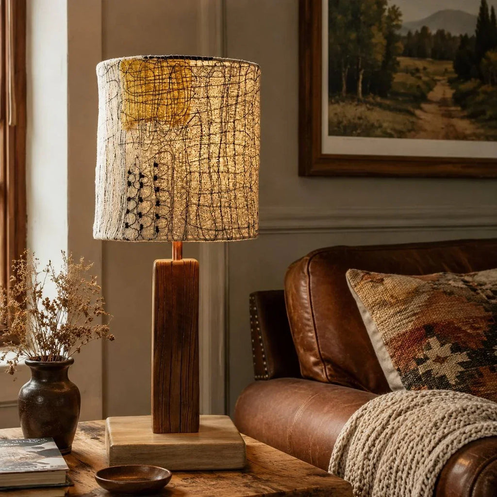 Loofah Fiber Table Lamp — Handwoven Shade and Carved Wood Base
