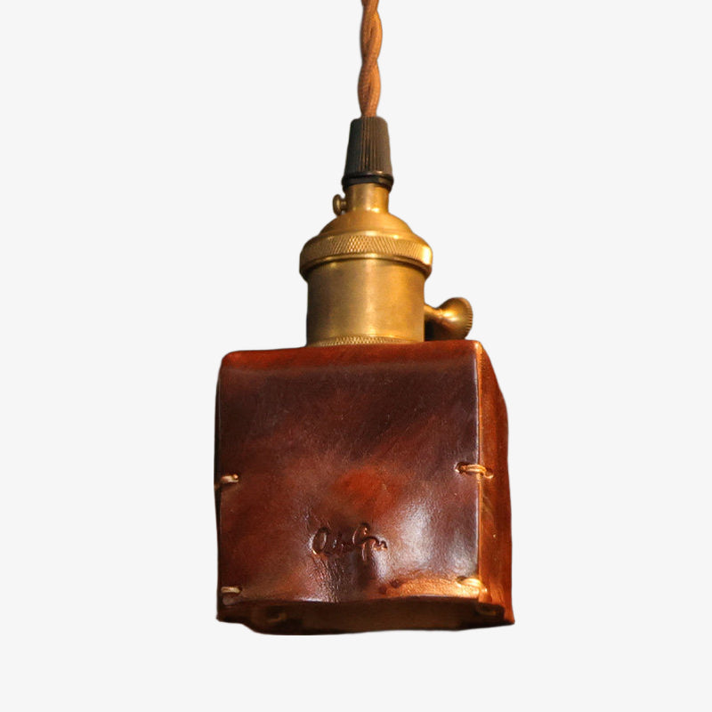 Hand-Shaped Leather Pendant Light — Brass Hardware, Deep Brown