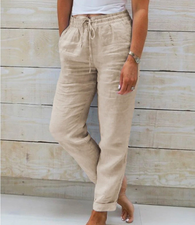 Pantalon Fluide en Coton et Lin - Taille Haute Élastique pour Femme