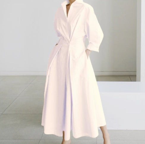 Robe Maxi Style Chemisier avec Taille Plissée et Coupe Évasée